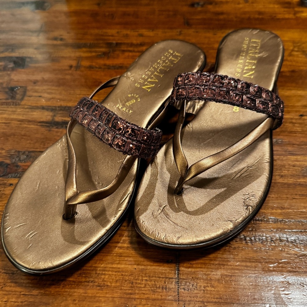Italian Shoemakers Sandals T Strap Slip On Womens Size 8 Brown